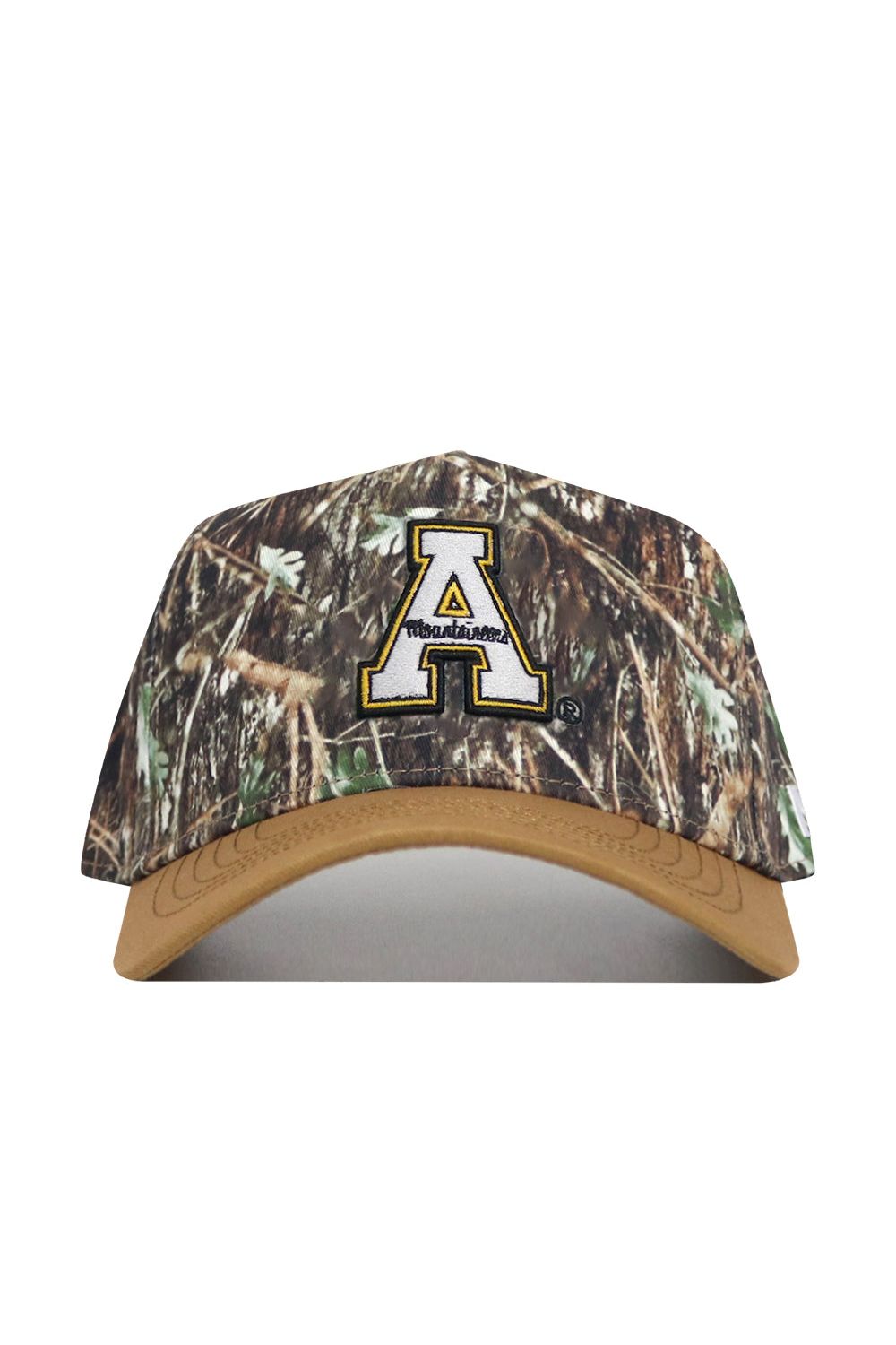 The App State Camo Hat - Explorer Edition is a premium cotton camouflage baseball cap with a tan brim, showcasing a bold embroidered letter A accented in black, white, and gold on the front.