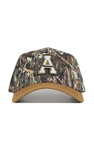 The App State Camo Hat - Explorer Edition is a premium cotton camouflage baseball cap with a tan brim, showcasing a bold embroidered letter A accented in black, white, and gold on the front.