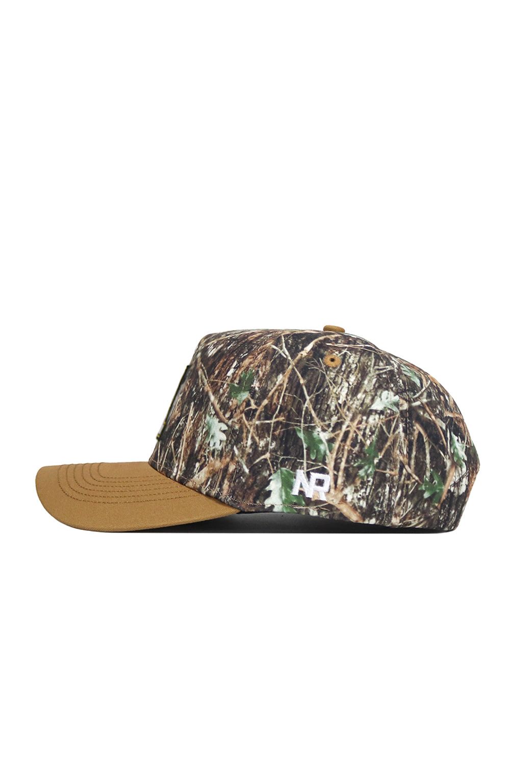 Side view of the App State Camo Hat - Explorer Edition, featuring a brown brim, camo-patterned crown with leaves and branches, white embroidered AP initials on the side, and crafted from high-quality cotton.