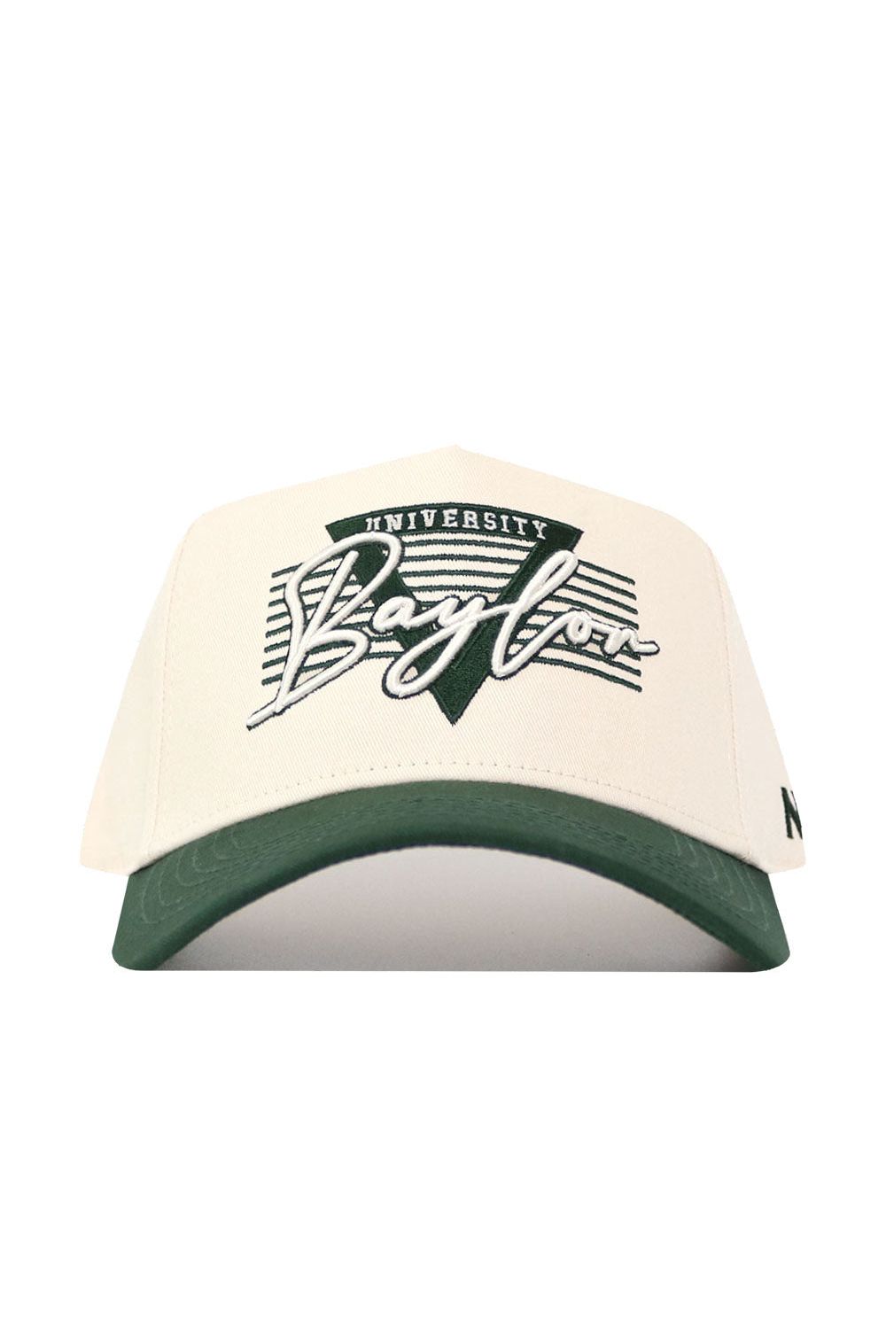 The Baylor Triangle Game Cap Hat by No Rivals is an officially licensed white snapback with a green brim, Baylor scripted on the front above "University," a green triangle, and stripes—delivering a stylish, structured fit.