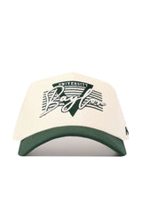 The Baylor Triangle Game Cap Hat by No Rivals is an officially licensed white snapback with a green brim, Baylor scripted on the front above "University," a green triangle, and stripes—delivering a stylish, structured fit.