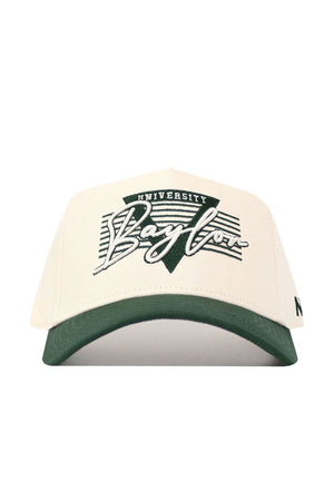 The Baylor Triangle Game Cap Hat by No Rivals is an officially licensed white snapback with a green brim, Baylor scripted on the front above "University," a green triangle, and stripes—delivering a stylish, structured fit.