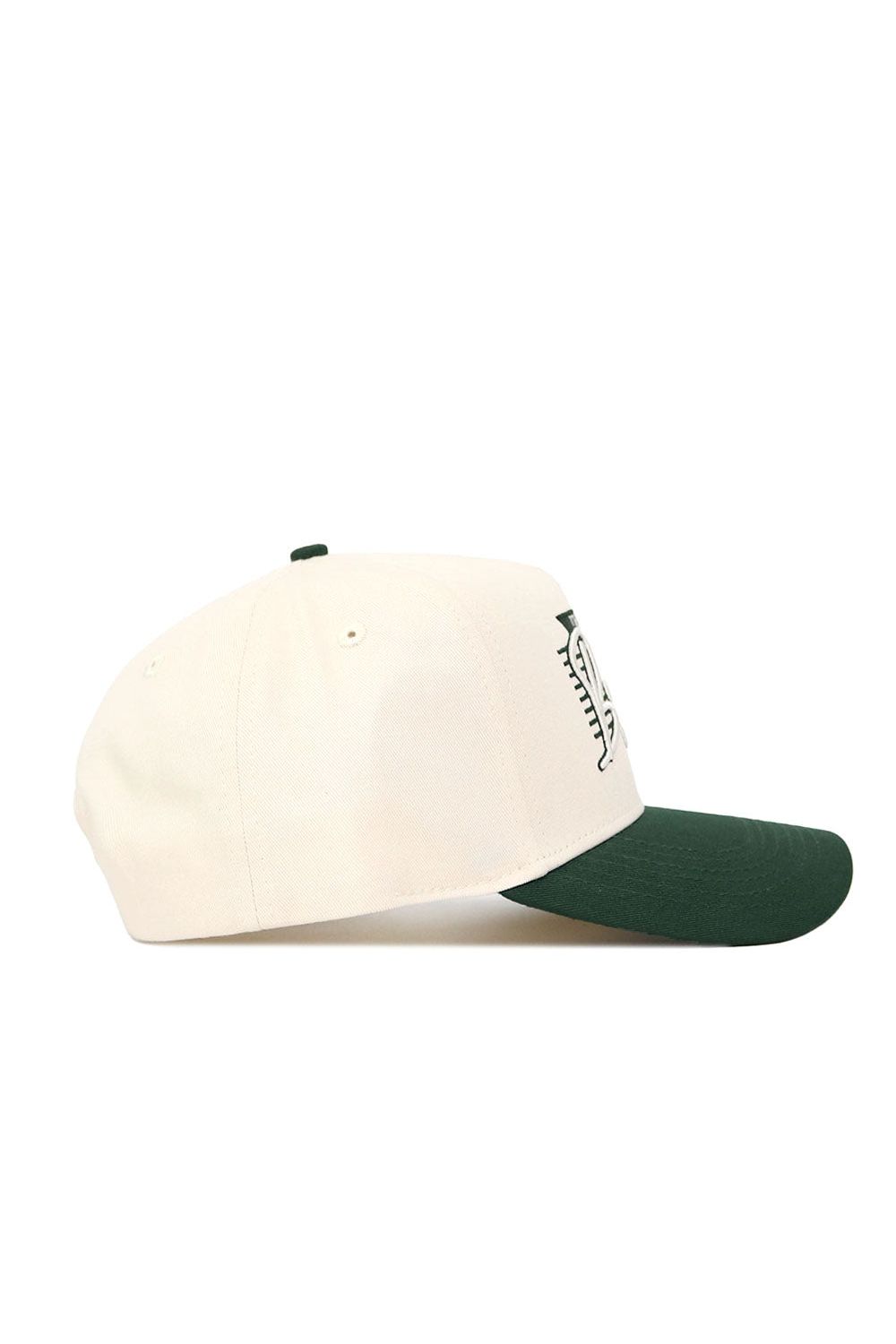The Baylor Triangle Game Cap Hat by No Rivals is a cream-colored baseball cap with a dark green curved brim, shown from the side. This snapback features part of a front-panel graphic or logo.
