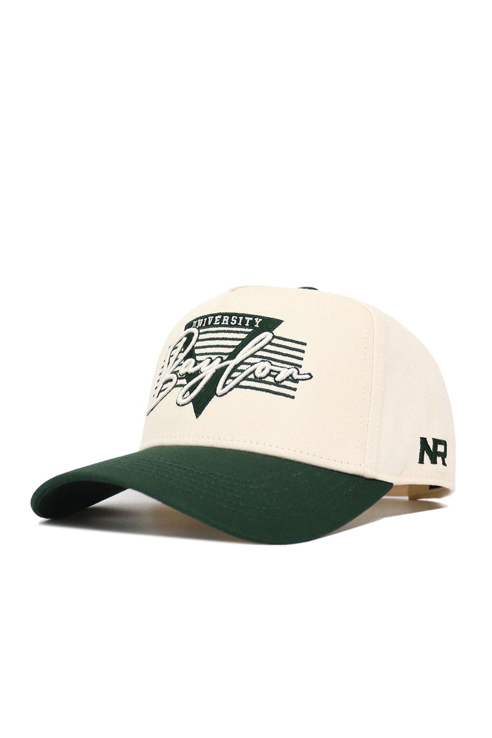 The Baylor Triangle Game Cap Hat by No Rivals features beige and green colors, "University Baylor" embroidered on the front in white and green, a structured fit, snapback closure, and NR stitched on the bill’s side.