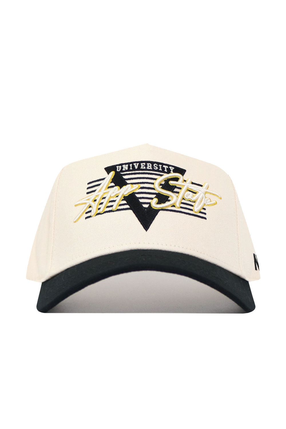 The No Rivals App State Triangle Game Cap Hat is beige with a black brim, black and white stripes, a black triangle, and yellow and white "UNIVERSITY" and "Air Sto" embroidery on the structured front for lasting shape.
