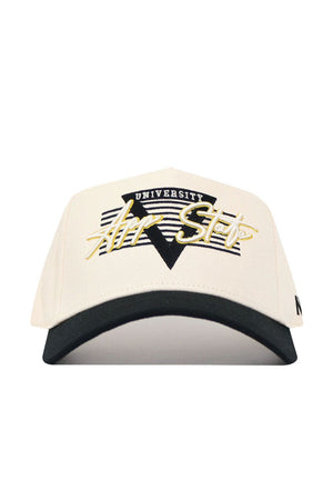 The No Rivals App State Triangle Game Cap Hat is beige with a black brim, black and white stripes, a black triangle, and yellow and white "UNIVERSITY" and "Air Sto" embroidery on the structured front for lasting shape.