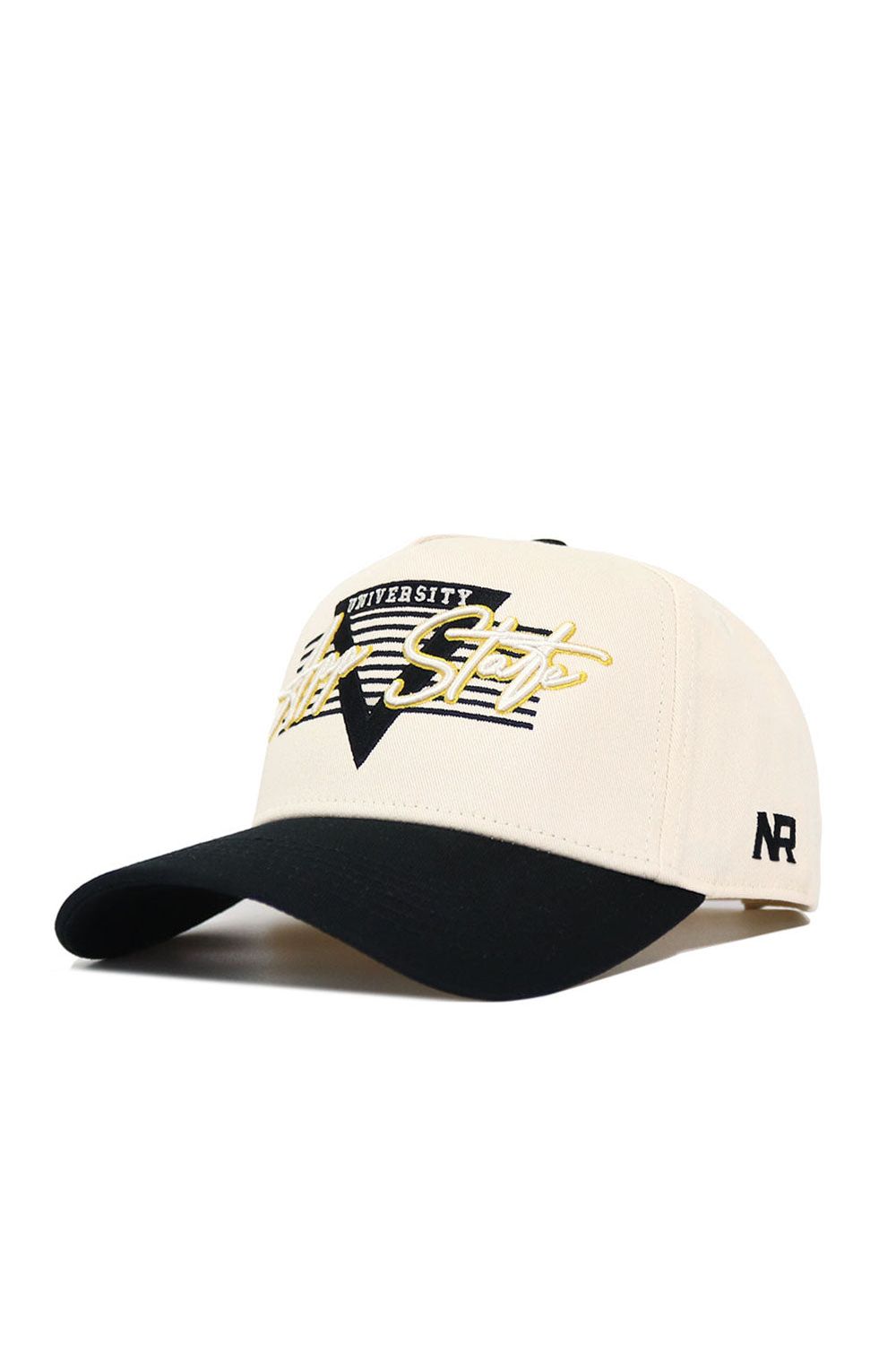 The No Rivals App State Triangle Game Cap Hat is a beige snapback with a black curved brim, featuring "University All Star" embroidered in black and yellow and "NR" stitched on the left side.