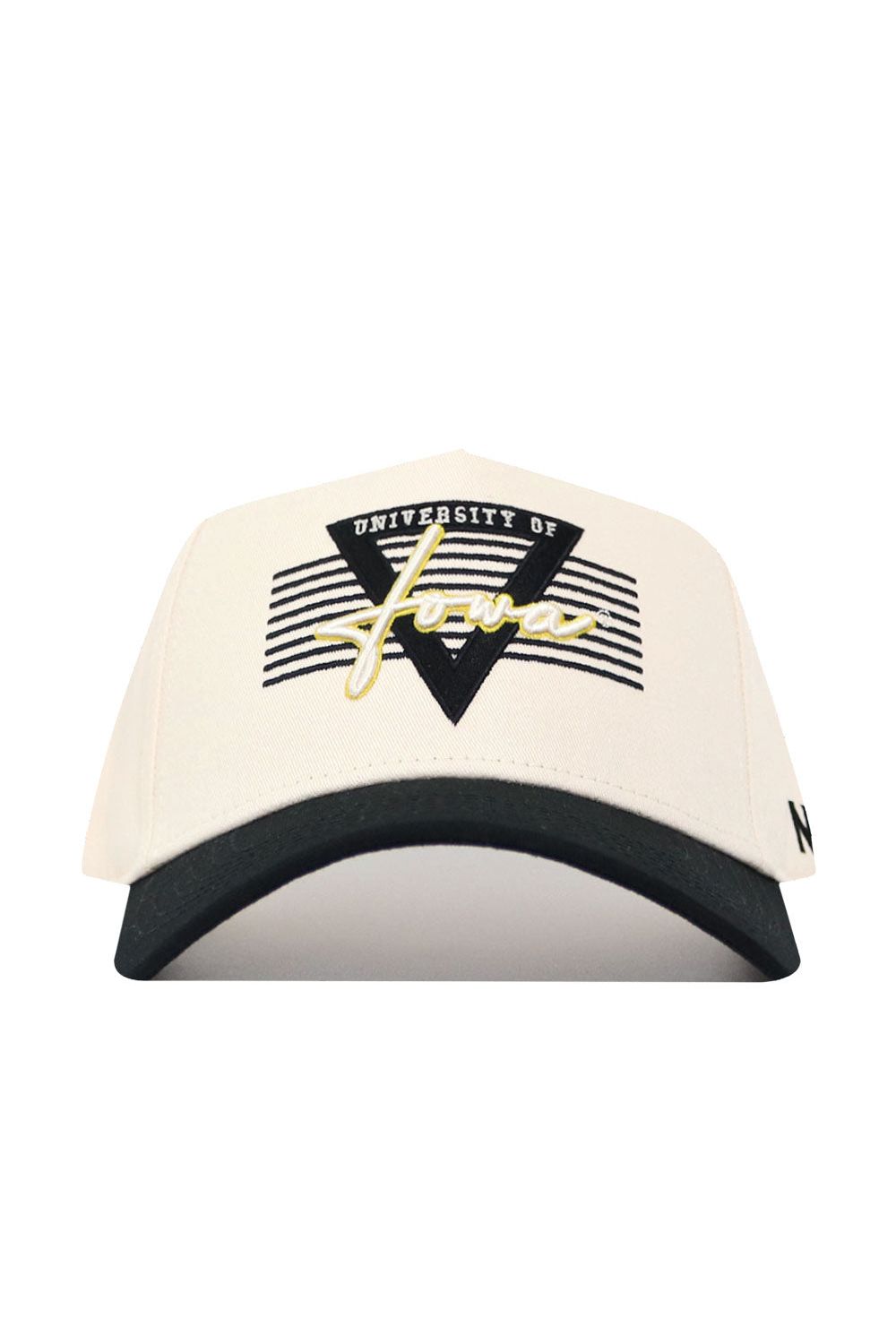 The Iowa Triangle Game Cap Hat by No Rivals is a white cotton snapback cap with a black brim, triangle and stripes design, and "University of Iowa" embroidered in white and gold on the front for a structured fit.