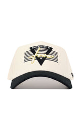 The Iowa Triangle Game Cap Hat by No Rivals is a white cotton snapback cap with a black brim, triangle and stripes design, and "University of Iowa" embroidered in white and gold on the front for a structured fit.