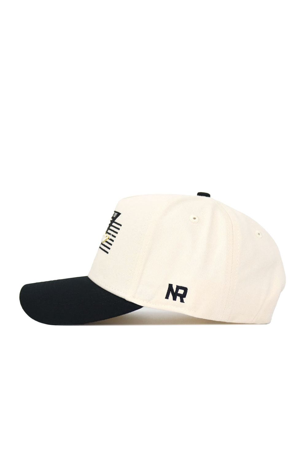 The Iowa Triangle Game Cap Hat by No Rivals is a cream snapback with a black brim, black embroidered stripes and accents, NR stitched near the back, and offers a structured fit made from high-quality cotton.