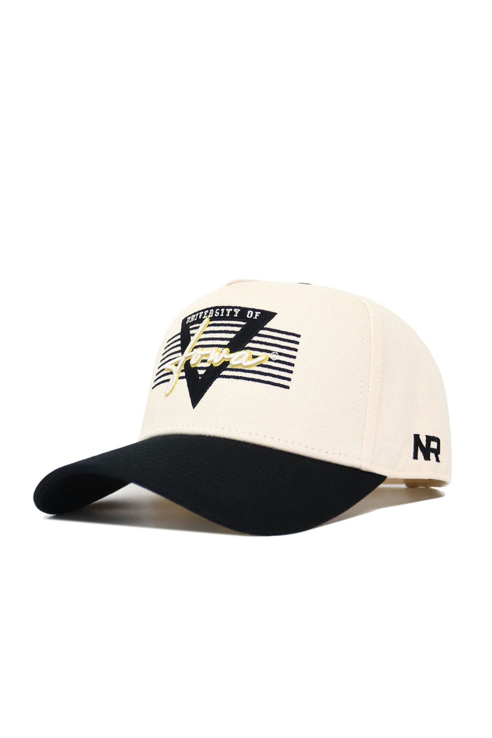 A cream-colored Iowa Triangle Game Cap Hat by No Rivals with a black brim, featuring "University of Jersey" and "Jersey" on the front, high-quality cotton build, snapback design, and "NR" embroidered on the left side.