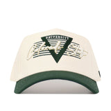 A cream-colored Colorado State Triangle Game Cap Hat by No Rivals with a green brim, featuring "Colorado State" in stylized script and block letters. The structured fit cap displays a green triangle and striped background design.