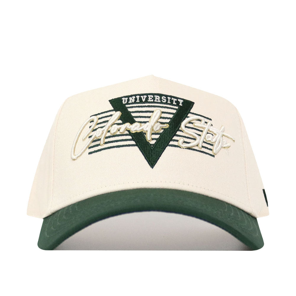 A cream-colored Colorado State Triangle Game Cap Hat by No Rivals with a green brim, featuring "Colorado State" in stylized script and block letters. The structured fit cap displays a green triangle and striped background design.