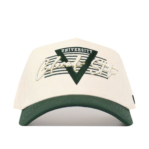 A cream-colored Colorado State Triangle Game Cap Hat by No Rivals with a green brim, featuring "Colorado State" in stylized script and block letters. The structured fit cap displays a green triangle and striped background design.
