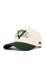 The Colorado State Triangle Game Cap Hat by No Rivals features beige and green panels, UNIVERSITY Road Stars embroidered on the front over a green triangle, NR stitched on the brim’s left side, and a snapback closure for adjustable fit.