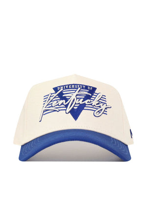 The No Rivals Kentucky Triangle Game Cap Hat is a structured, officially licensed white cap with a blue brim, featuring an embroidered blue "V" and "University of Kentucky" in blue and white on the front.