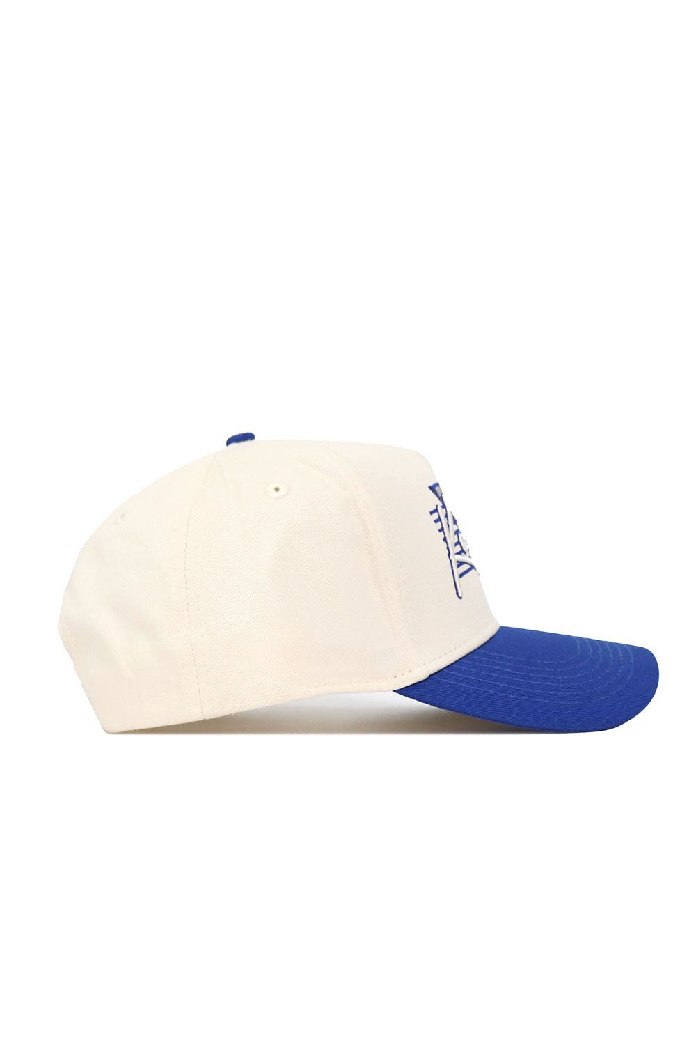 The No Rivals Kentucky Triangle Game Cap Hat is a beige snapback with a blue brim, viewed from the side. It features blue embroidered text or logo on the structured crown and has ventilation holes for comfort.