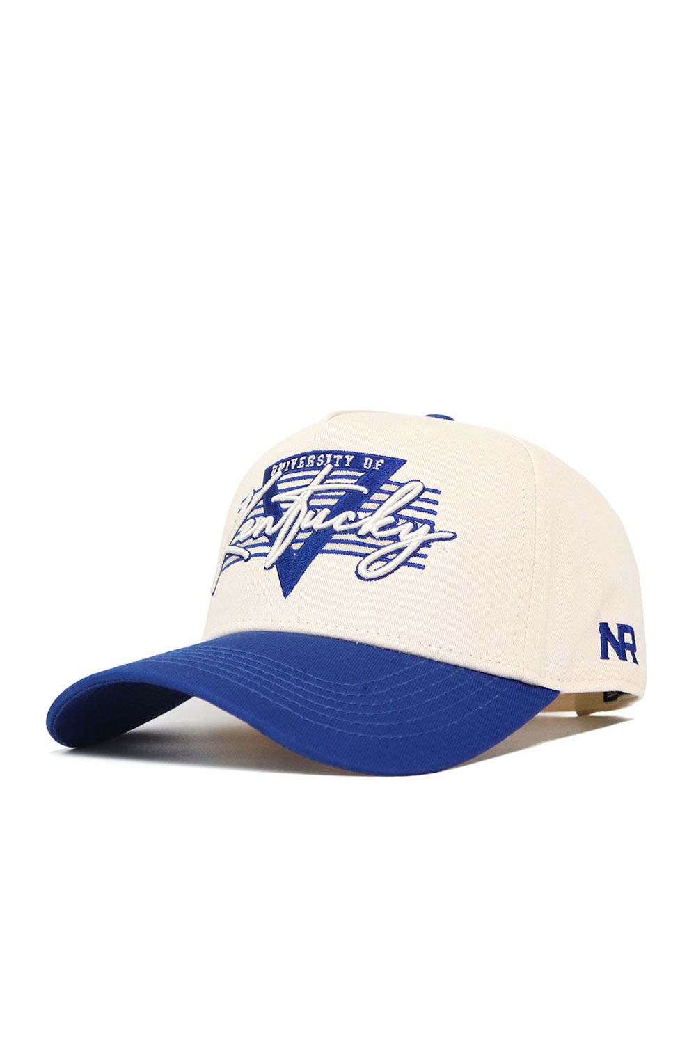 The No Rivals Kentucky Triangle Game Cap Hat features a white crown, blue brim, “University of Kentucky” embroidered in blue and white script on the front, NR initials on the side, and an officially licensed structured snapback fit.