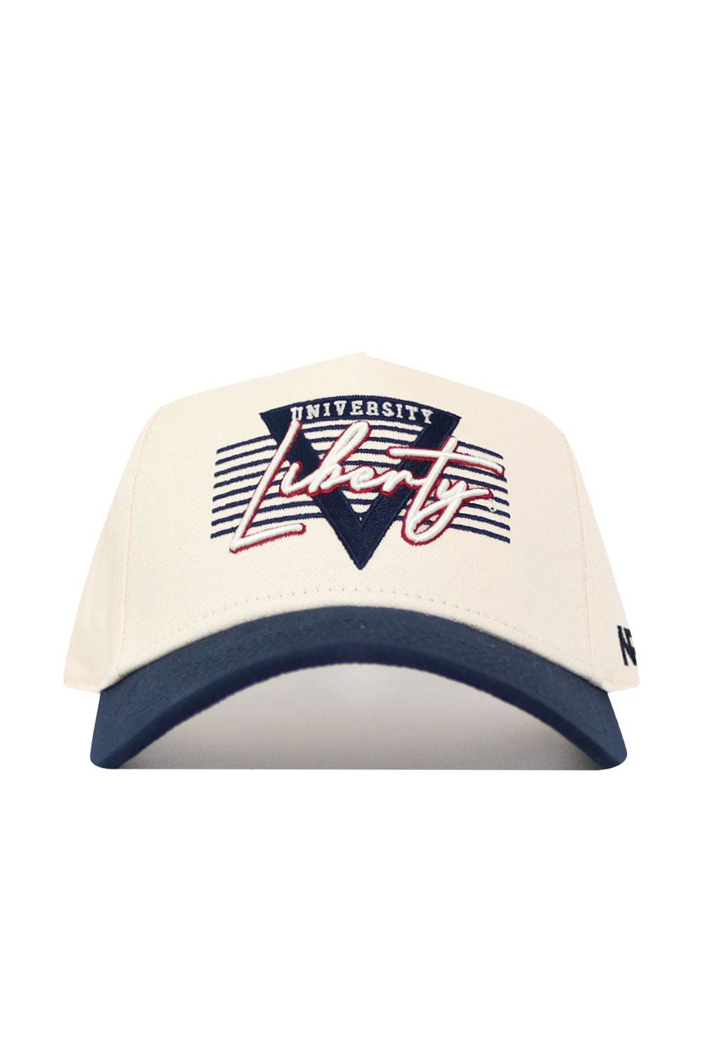 The No Rivals Liberty Triangle Game Cap Hat is a cream snapback with a navy brim, "University Liberty" text, and a red and blue striped triangle design on the front. Officially licensed and structured for comfort.