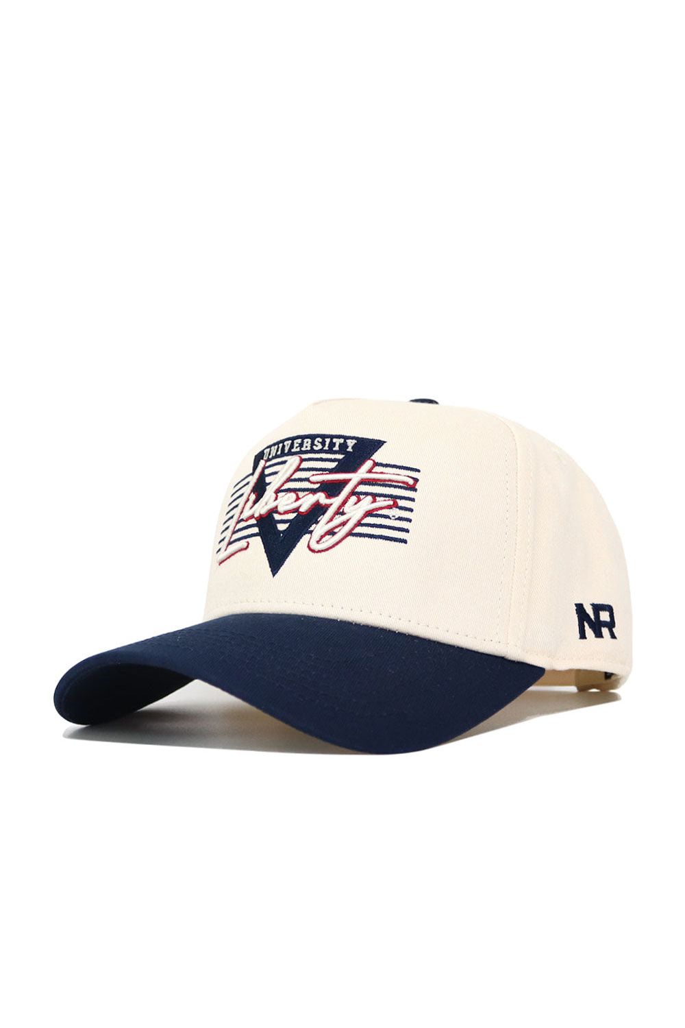 The Liberty Triangle Game Cap Hat by No Rivals features a cream, structured fit with a navy brim. "Liberty University" is embroidered on the front and "NR" on the side. This officially licensed snapback delivers style and authenticity.