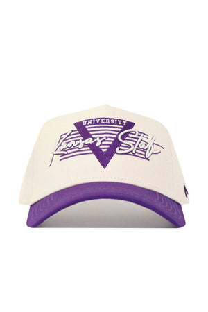 The Kansas State Triangle Game Cap Hat by No Rivals is a cream-colored, structured cotton snapback with a purple brim and Kansas State University embroidered in purple and white on the front.