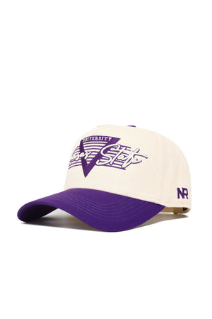 The No Rivals Kansas State Triangle Game Cap Hat is a structured, high-quality cotton cap in white with a purple brim and "University Home State" embroidered in purple, plus NR stitched on the side.