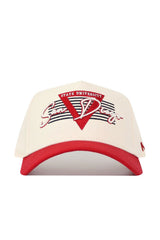 The No Rivals San Diego State Triangle Game Cap Hat is a cream snapback with a red brim, showcasing a red triangle, embroidered San Diego State University text, black stripes, and crafted from high-quality cotton for a structured fit.