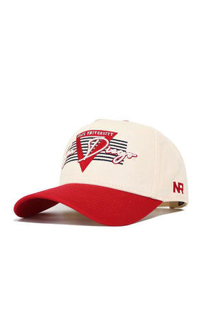 The San Diego State Triangle Game Cap Hat by No Rivals features a cream and red snapback design with a red brim, San Diego State University embroidered in red and white, NR stitched on the side, and premium cotton for a structured fit.