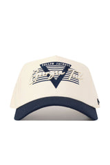 The No Rivals Georgia Tech Triangle Game Cap Hat is a cream cotton baseball cap with a navy brim. It features "Yellow Jackets" and "Georgia Tech" embroidered on the front with a navy V design and horizontal stripes for style and comfort.