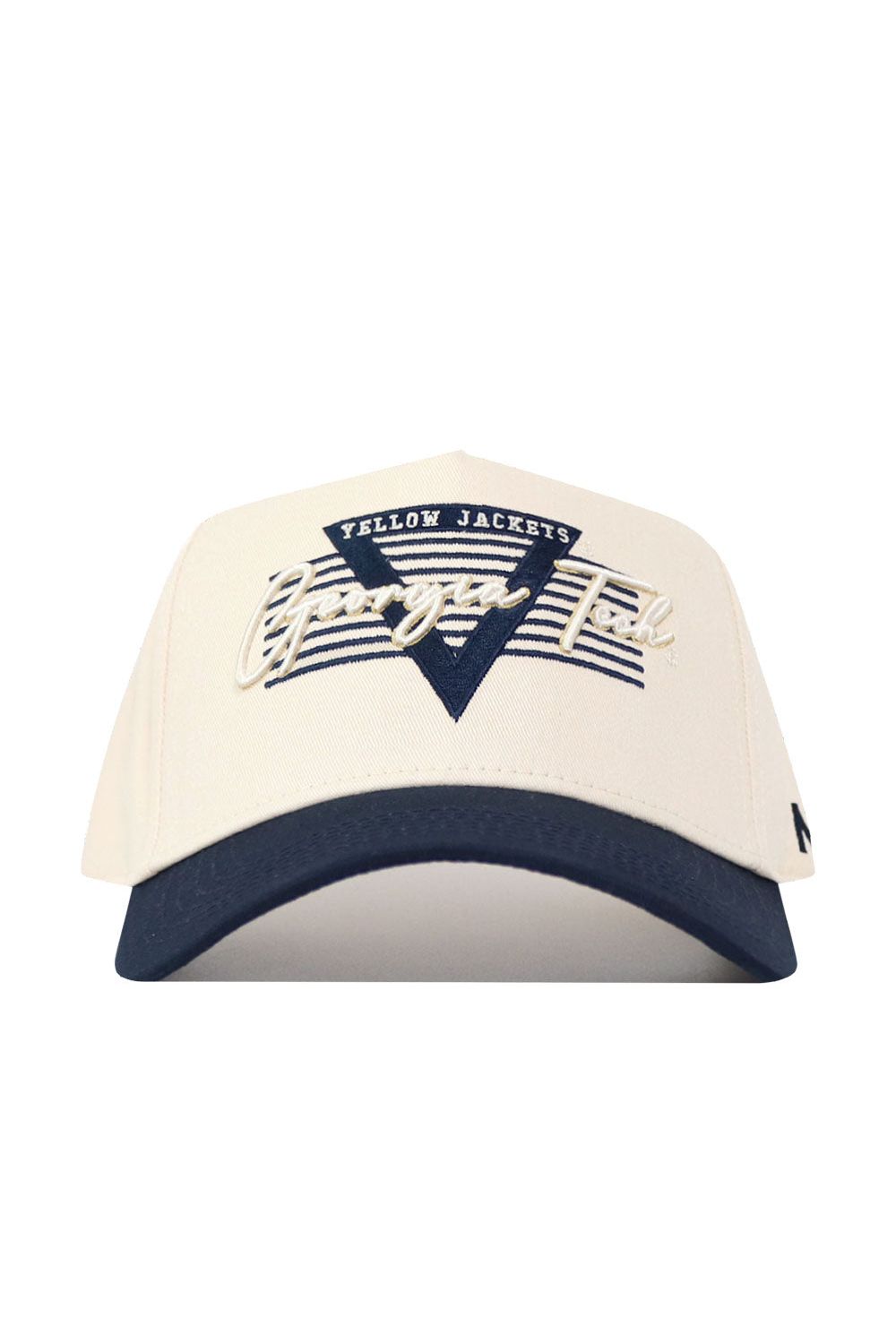 The No Rivals Georgia Tech Triangle Game Cap Hat is a cream cotton baseball cap with a navy brim. It features "Yellow Jackets" and "Georgia Tech" embroidered on the front with a navy V design and horizontal stripes for style and comfort.