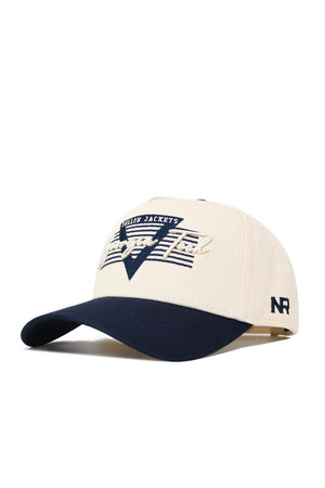 The Georgia Tech Triangle Game Cap Hat by No Rivals features a cream structured fit, navy brim, embroidered navy triangle with Yellow Jackets and Georgia Tech in white on the front, NR stitched on the side, and is made from high quality cotton.