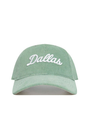 The No Rivals Dallas Corduroy Hat in Spring Green is an unstructured 6-panel cap with "Dallas" embroidered in white cursive and an adjustable strap for a perfect fit.