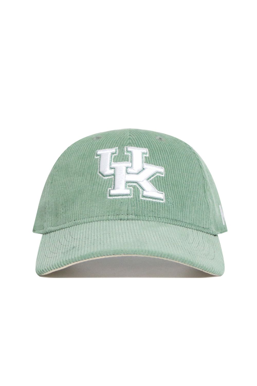 The No Rivals Kentucky Corduroy Hat in Spring Green features an unstructured 6-panel design and a white embroidered UK logo on the front, shown from the front view.