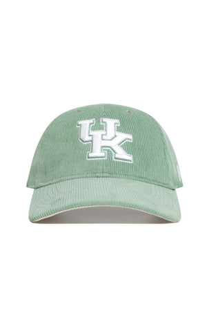 The No Rivals Kentucky Corduroy Hat in Spring Green features an unstructured 6-panel design and a white embroidered UK logo on the front, shown from the front view.