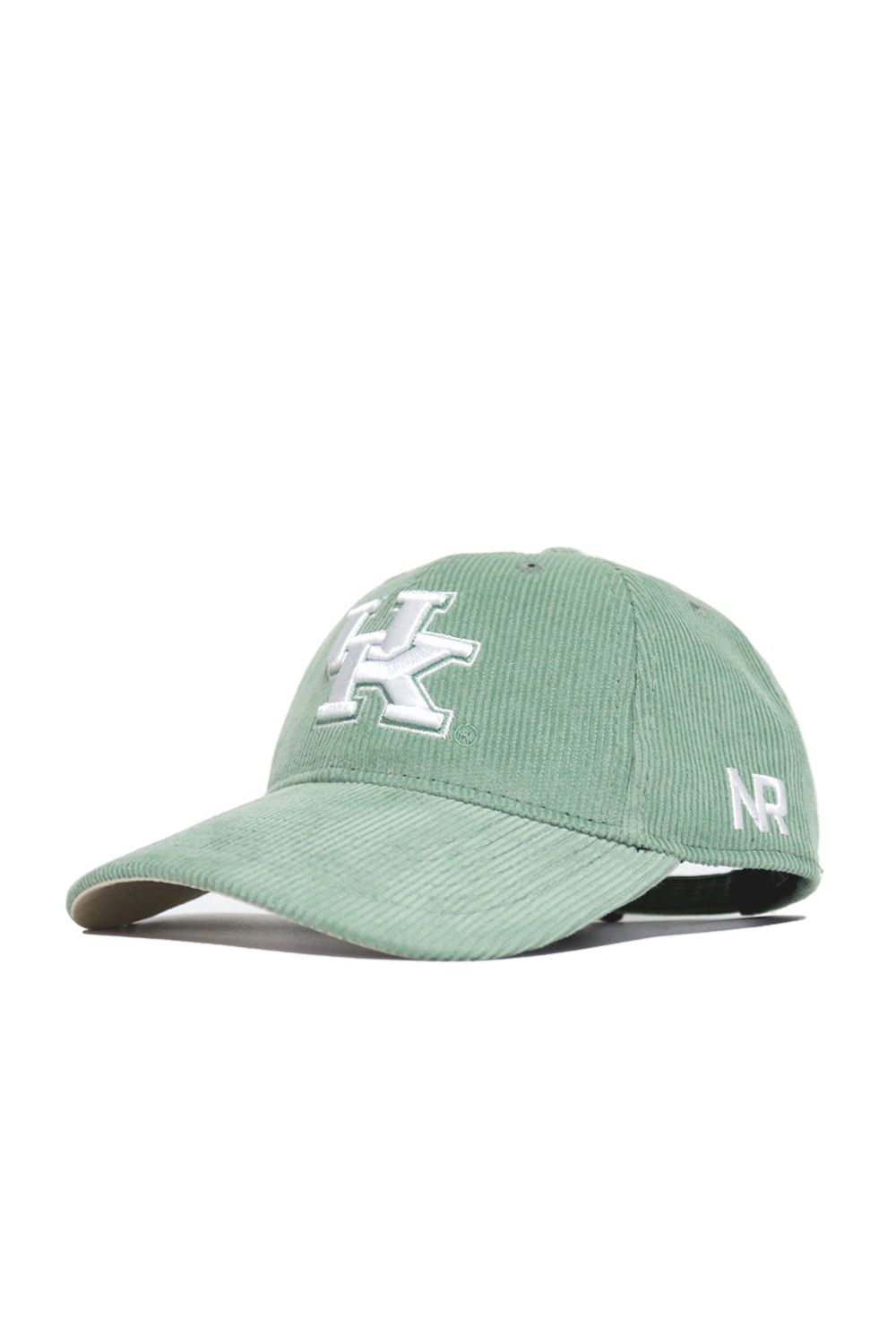 The No Rivals Kentucky Corduroy Hat in Spring Green features an unstructured 6-panel design, a white UK logo on the front, NR initials on the side, and an adjustable strap for the perfect fit.