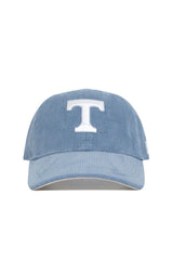 The No Rivals Tennessee Corduroy Hat - Unstructured in Sky Blue features 6 panels, a bold white embroidered T on the front, and an adjustable strap for a perfect fit.