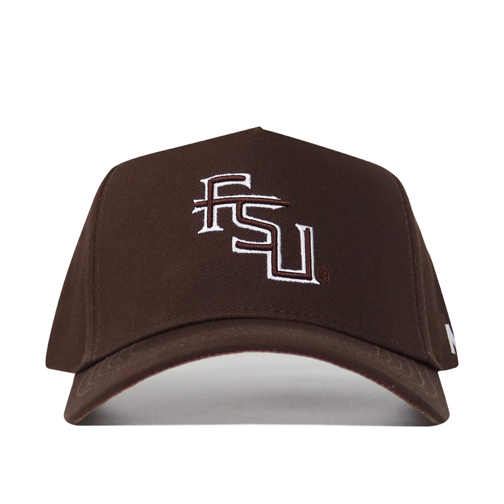 The Florida State Americano Hat (B2B) is a brown snapback with white FSU embroidery on the front, made from high-quality cotton for a structured fit.