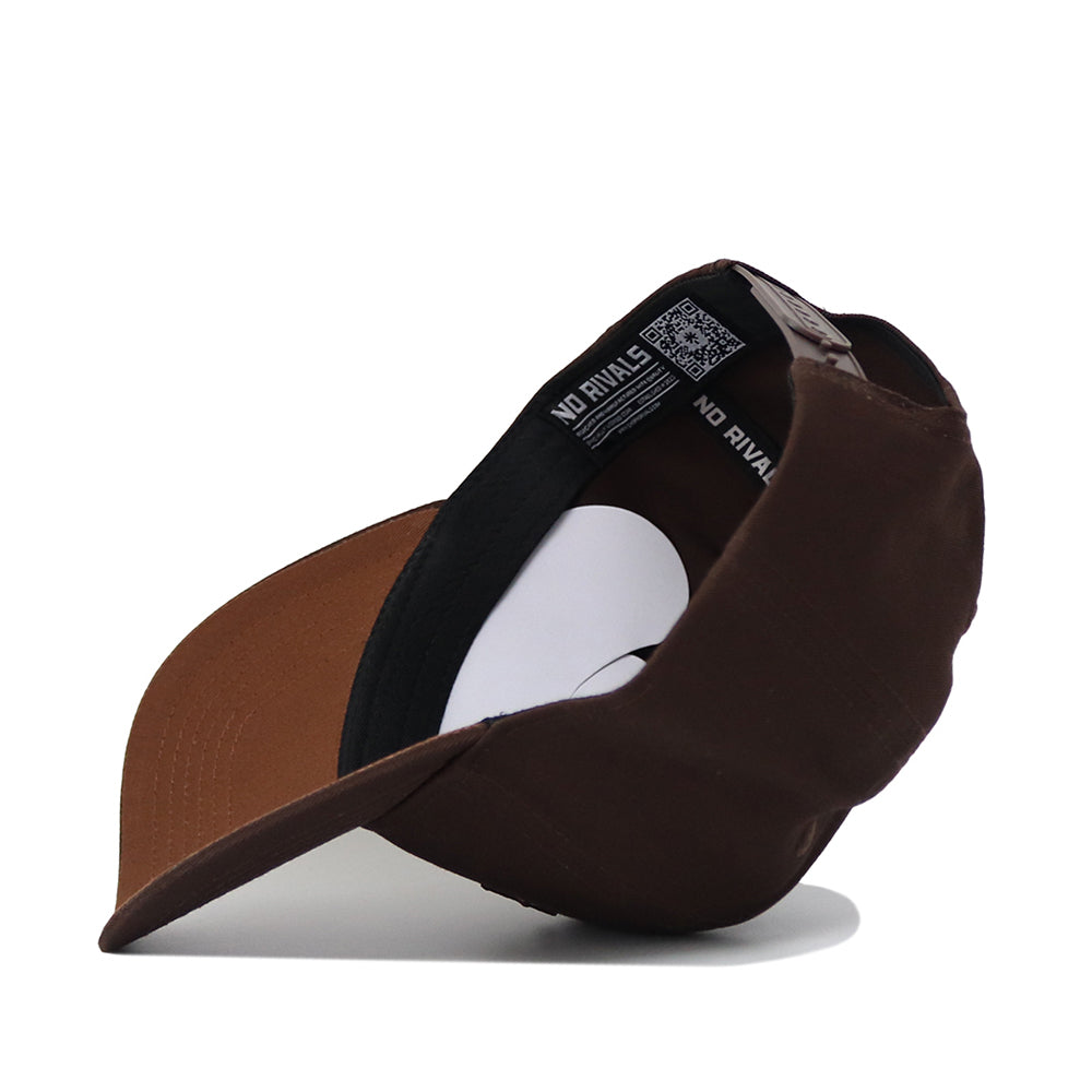The Florida State Americano Hat (B2B) is a brown snapback shown from below, featuring a structured fit, black sweatband with white NO RIVALS text, QR code label near the back opening, and is crafted from high quality cotton for comfort and durability.