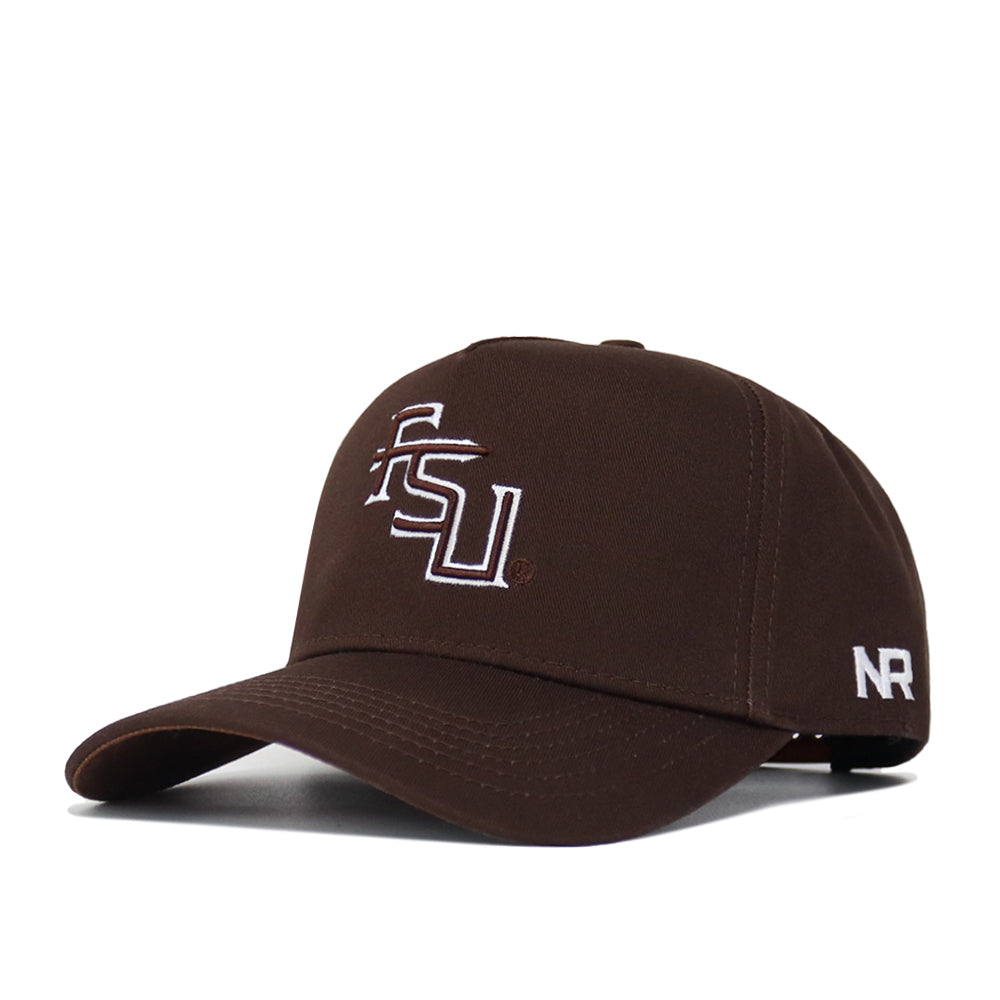 The Florida State Americano Hat (B2B) is a brown snapback made from high-quality cotton with white embroidered FSU letters on the front and NR stitched on the side, shown against a white background.