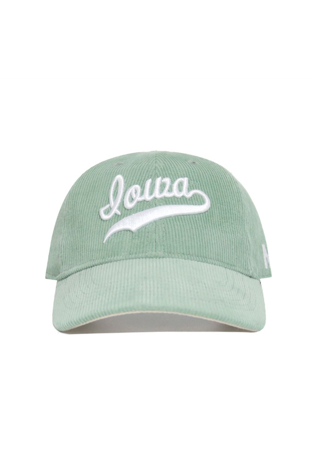 Introducing the Iowa Corduroy Hat from No Rivals' Spring Showers Collection—a spring green unstructured 6-panel snapback cap crafted in soft corduroy, featuring "louza" beautifully embroidered in white script on the front for a classic yet modern look.