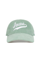 Introducing the Iowa Corduroy Hat from No Rivals' Spring Showers Collection—a spring green unstructured 6-panel snapback cap crafted in soft corduroy, featuring "louza" beautifully embroidered in white script on the front for a classic yet modern look.
