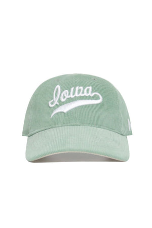 Introducing the Iowa Corduroy Hat from No Rivals' Spring Showers Collection—a spring green unstructured 6-panel snapback cap crafted in soft corduroy, featuring "louza" beautifully embroidered in white script on the front for a classic yet modern look.