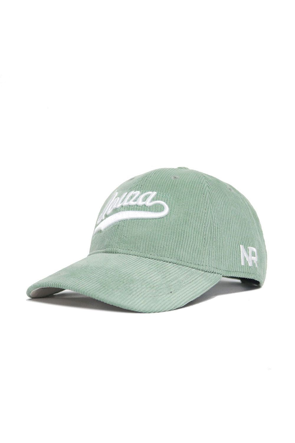 Introducing the Iowa Corduroy Hat from No Rivals' Spring Showers Collection—a spring green, unstructured 6-panel baseball cap. This snapback features "Chuza" embroidered in white on the front and "NR" stitched on the side, shown here against a plain white background.