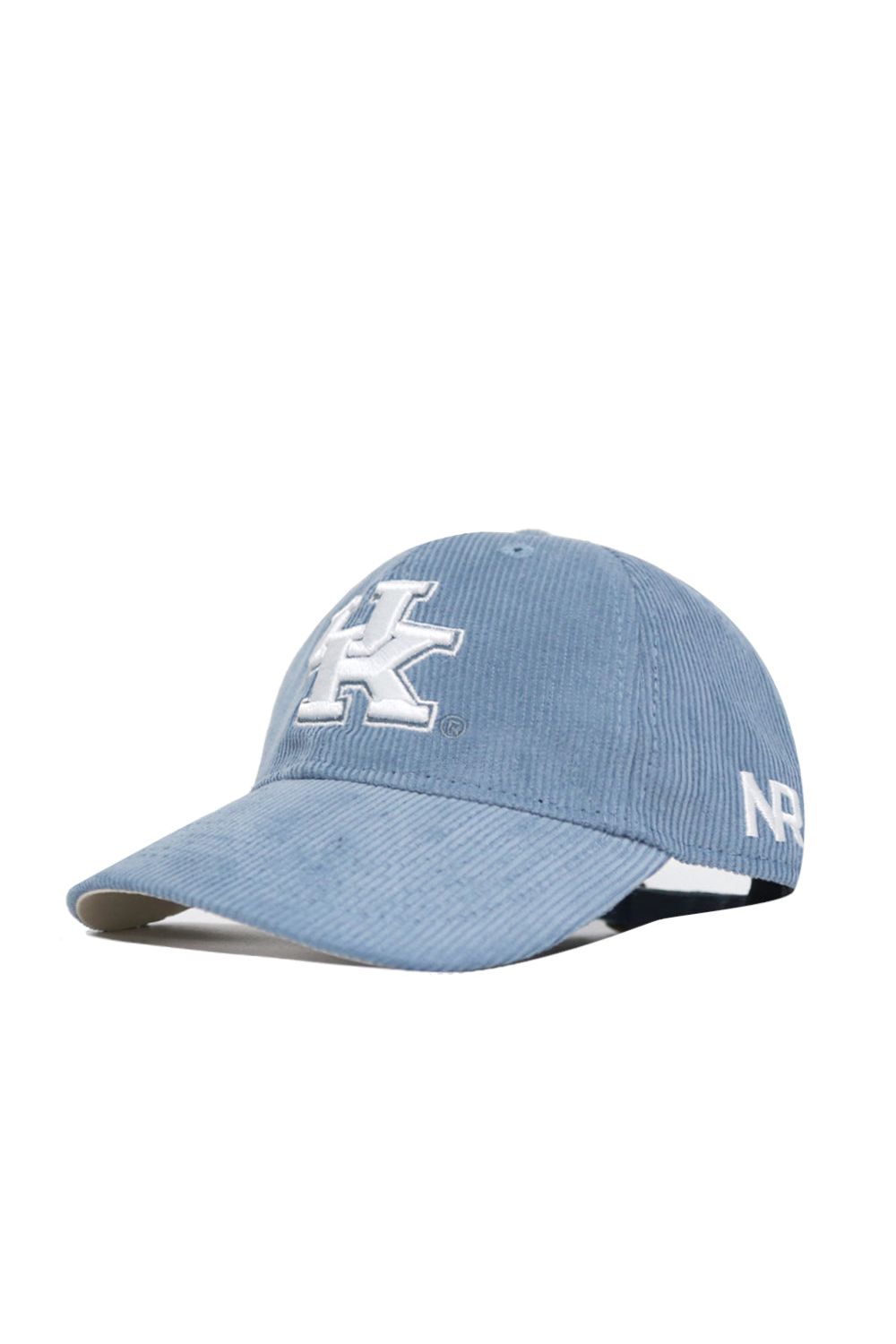 The No Rivals Kentucky Corduroy Hat - Unstructured - Sky Blue (B2B) features a 6-panel design, a large white embroidered K overlapping an L on the front, and NR initials stitched in white on the side.