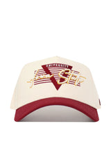 The No Rivals Iowa State Triangle Game Cap Hat features a cream crown, maroon brim, and "Iowa State University" embroidered on the front with a large maroon V and stripes. Made from high-quality cotton, this snapback hat offers a structured, comfortable fit.