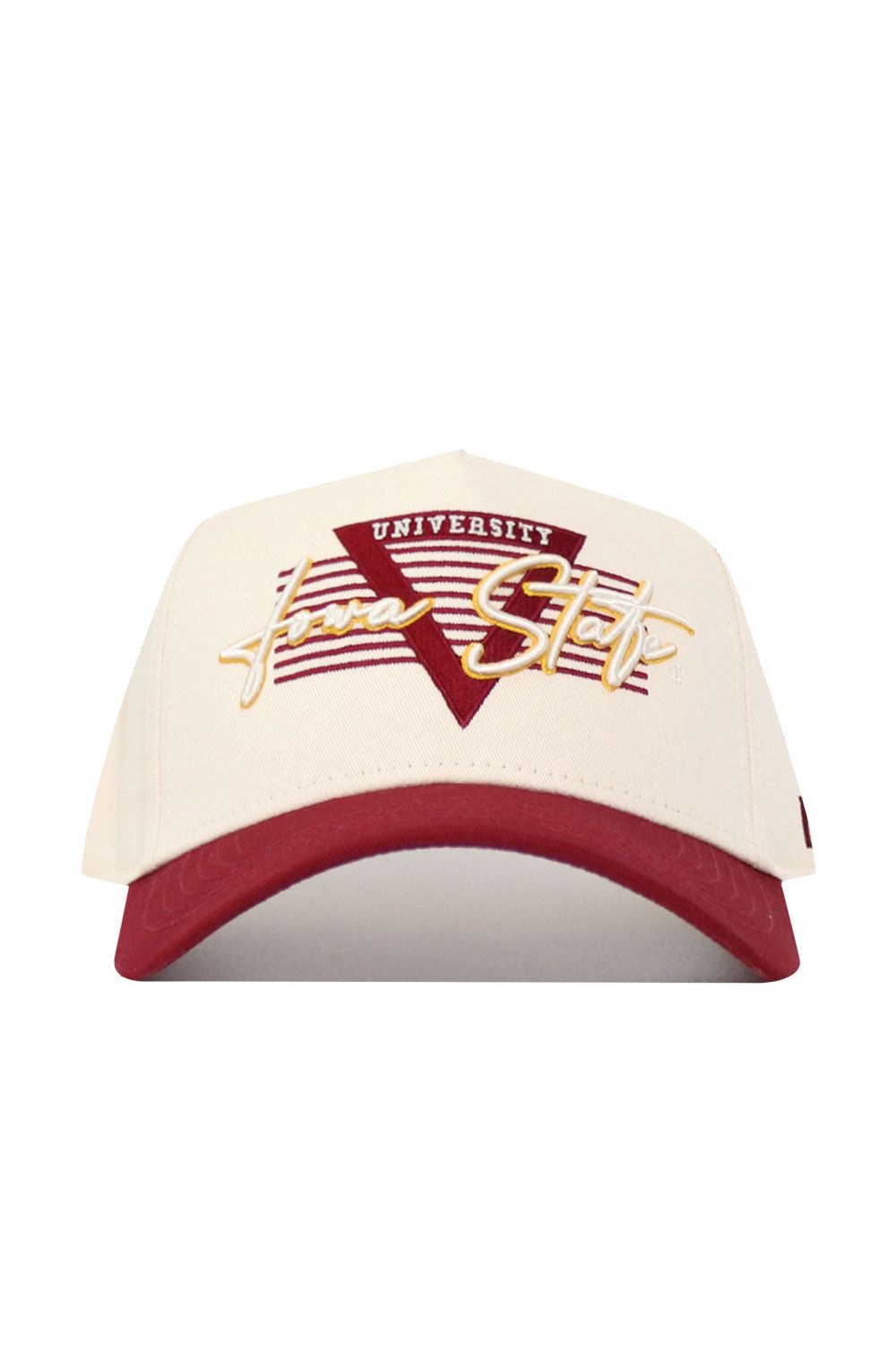 The No Rivals Iowa State Triangle Game Cap Hat features a cream crown, maroon brim, and "Iowa State University" embroidered on the front with a large maroon V and stripes. Made from high-quality cotton, this snapback hat offers a structured, comfortable fit.