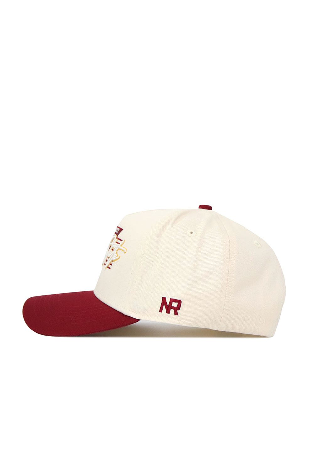 The No Rivals Iowa State Triangle Game Cap Hat is a cream snapback with a dark red brim, maroon embroidered front logo, and "NR" stitched on the side. Made from high quality cotton, it features a classic six-panel design with a top button.