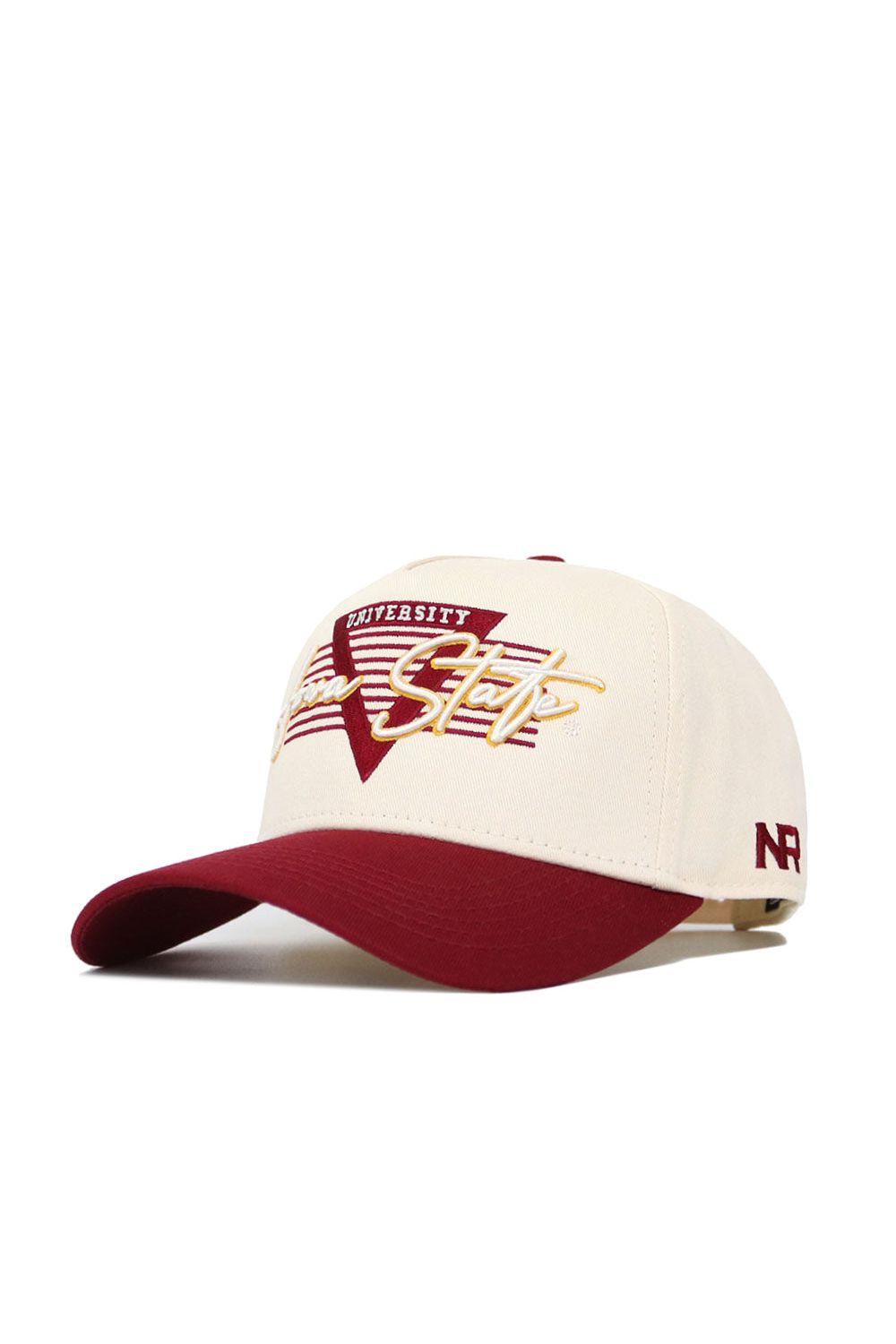 A premium structured fit cotton baseball cap by No Rivals, featuring Iowa State Triangle embroidery, a maroon bill, and "NR" stitched on the side.