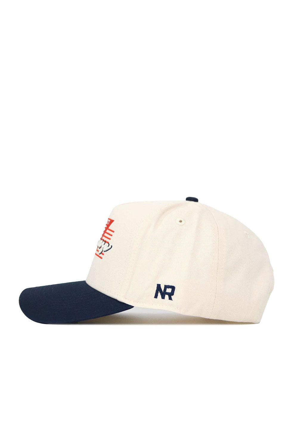 The No Rivals Syracuse Triangle Game Cap Hat is cream with a navy brim, featuring an embroidered NR logo on the side and a front graphic with red lines and white details for a stylish, structured look.