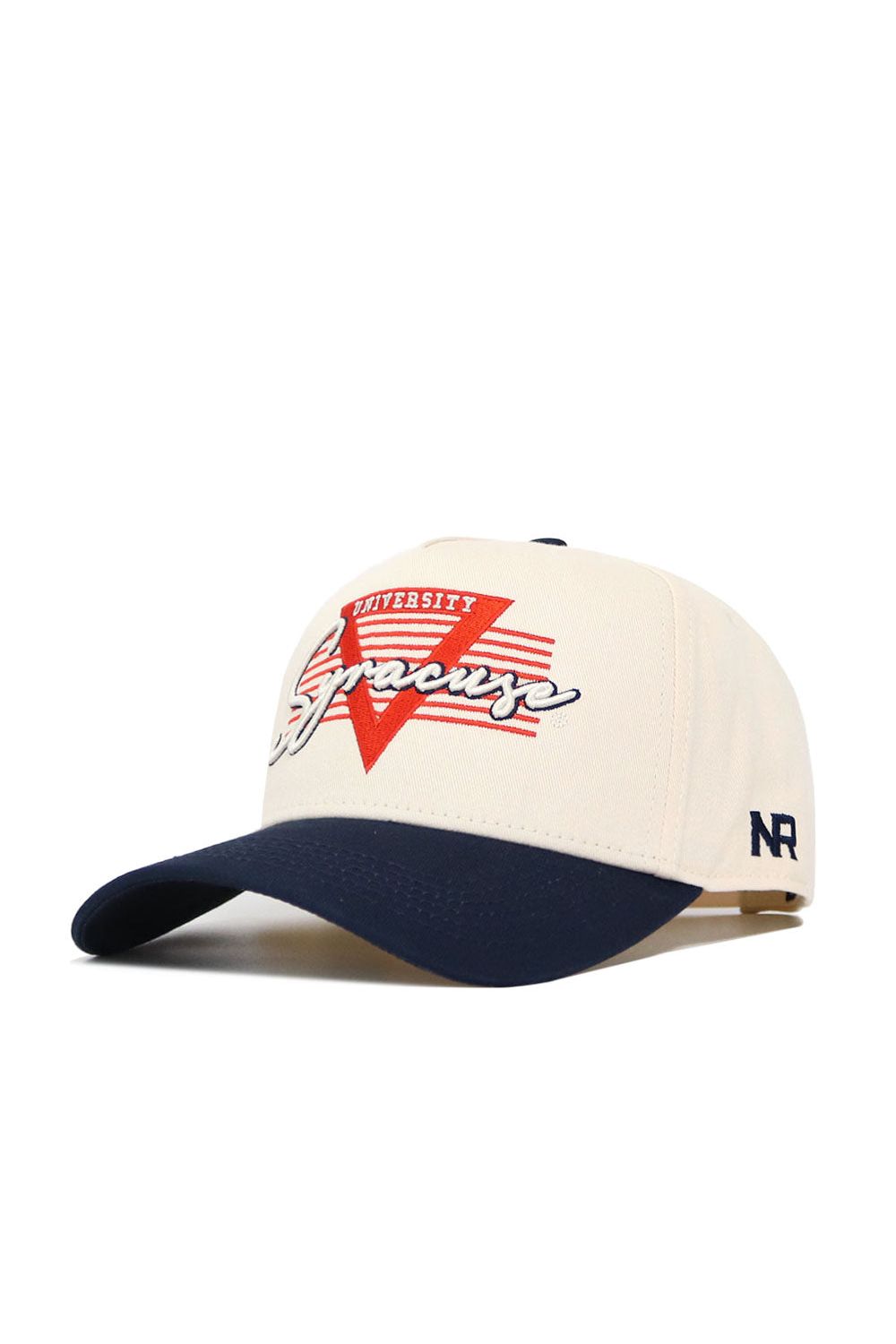 The No Rivals Syracuse Triangle Game Cap Hat is a structured, cream baseball cap with a navy brim, red V design, and "University Syracuse" on the front. NR initials are stitched on the side. Officially licensed snapback for fans.